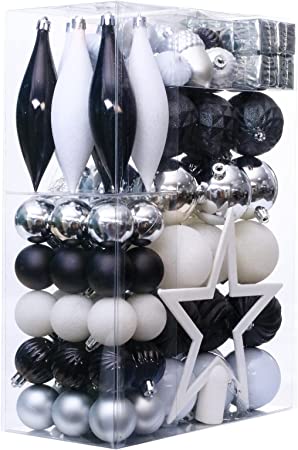 Photo 1 of 100PCS Assorted Christmas Balls Tree Ornament Set,Shatterproof Assorted Hanging Decorations in Gift Package,Glitter Acorn,Ball,Gift Box Pendants,Tree Top for Xmas Tree(Black/White/Silver)
