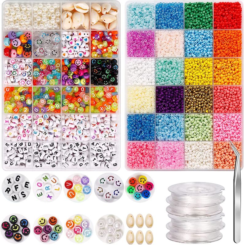 Photo 1 of 15000Pcs Glass Seed Beads, WOHOOW 3mm 24 Colors 8/0 Beads for Jewelry Making Kit, Small Glass Bead Craft Set 600Pcs Alphabet Beads and 240Pcs Smiley Beads...
