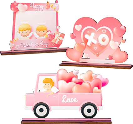 Photo 1 of 3 Pcs Valentine's Day Wooden Sign Table Decor, Romantic Tabletop Centerpiece Signs Valentine Decorations for Tables, Wood Love Heart Car Gift Valentines Day Decor for Home Wedding Anniversary Party Supplies

