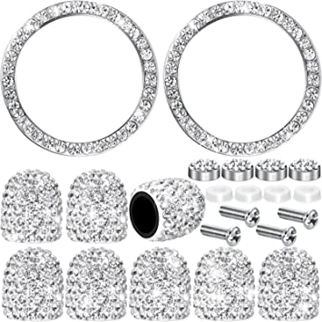 Photo 1 of 12 Pieces Bling Rhinestone Car Accessories Set Includes Bling License Plate Frame, Ring Emblem Sticker, Valve Stem Caps Tire Valve Dust Caps for Auto Car Ornament Decoration (Silver)
