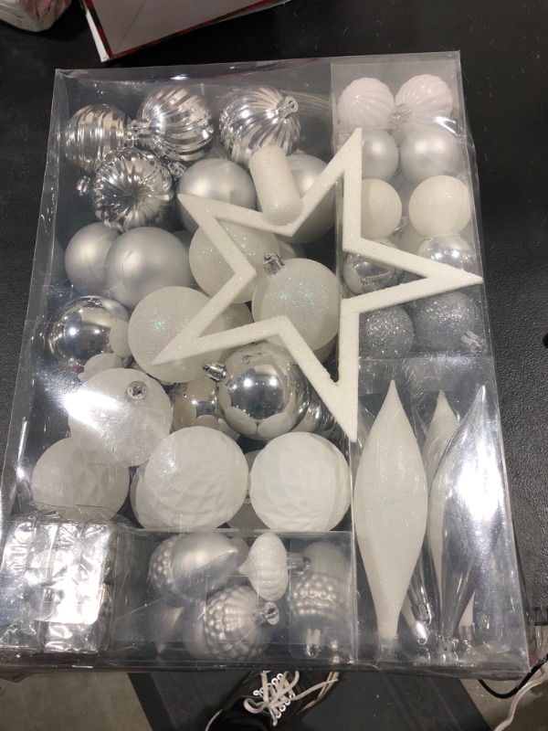 Photo 2 of 100PCS Assorted Christmas Balls Tree Ornament Set,Shatterproof Assorted Hanging Decorations in a Gift Package,Glitter Acorn,Ball,Gift Box Pendants,Tree Top for Xmas Tree Holiday Party(Silver/White)
