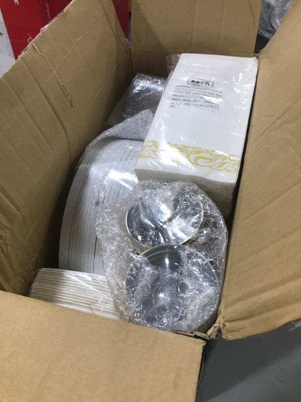 Photo 1 of 350 Piece Gold Dinnerware Set 50 Guest-100 Gold Lace Plastic Plates-50 Gold Plastic Silverware-50 Gold Plastic Cups-50 Linen Like Gold Paper Napkins, FOCUSLINE Disposable Dinnerware Set