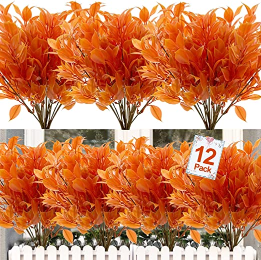 Photo 1 of 12PCS Fall Artificial Flowers UV Resistant Plants,Faux Plastic Grapefruit Fall Leaves Fake Plant Autumn Indoor Outdoor Fall Thanksgiving for Home Fireplace Garden Halloween Decor (Gold Orange)