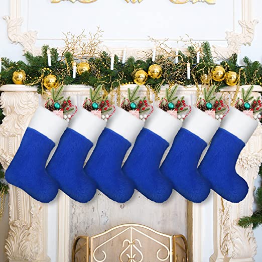 Photo 1 of 6 Pieces Christmas Stocking 15 Inch Christmas Plush Decorative Stocking Pink Red Blue Green Xmas Stockings with White Cuffs and Hanging Ring for Christmas Tree Birthday Holiday Decoration (Blue) 