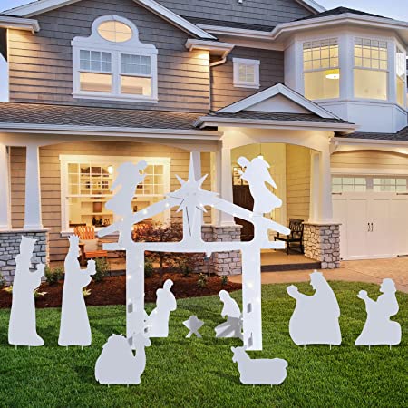 Photo 1 of 12 Pcs Outdoor Nativity Scene Display Set Christmas Large Holy Nativity Yard Signs Lawn Nativity Scene Manger Scene Religious Signs with String Lights for Home Yard Lawn Holiday Decor (White)