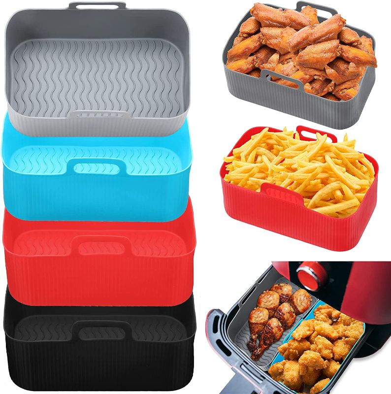 Photo 1 of 4 Pcs Air Fryer Silicone Liners Rectangular Air Fryer Silicone Pot Non Stick Reusable Air Fryer Basket Liners Easy Cleaning Safe Air Fryer Accessories for Oven Baking, Black, Grey, Blue and Red
