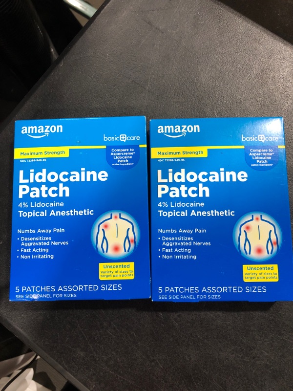 Photo 2 of Amazon Basic Care Lidocaine Patches, 4% Lidocaine, Maximum Strength Pain Relief Patches in Assorted Sizes, Fragrance Free, 5 Count Variety 5 Count (Pack of 2)