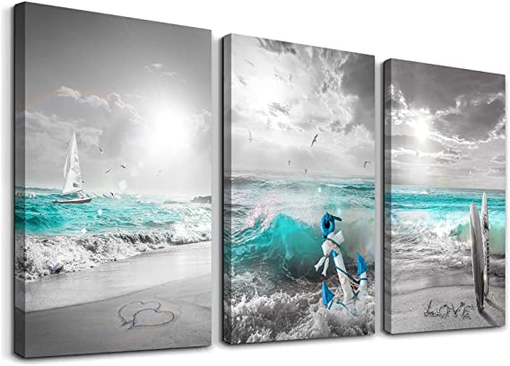 Photo 1 of 3 Panel Beach Canvas Wall Art for Ocean Decor Blue Sea Sunset White Beach Painting The Picture Print On Canvas Seascape sea The Pictures for Home Decor Decoration,Ready to Hang