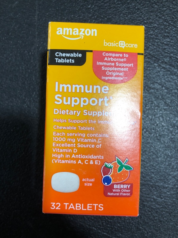 Photo 2 of Amazon Basic Care Immune Support Berry Chew Tablets, 32 Count Berry 32 Count (Pack of 1). 05/2023.