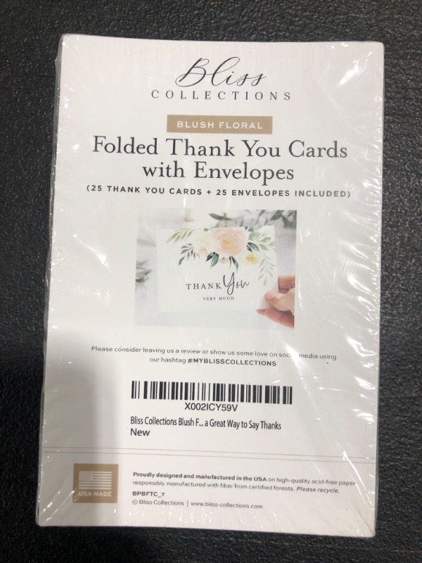 Photo 1 of Bliss Collections Thank You Cards with Envelopes, Blush Floral, All-Occasion Thank You Cards for Weddings, Bridal Showers, Baby Showers, Birthdays, Parties and Special Events, 4"x6" (Pack of 25)
