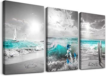 Photo 1 of 3 Panel Beach Canvas Wall Art for Ocean Decor Blue Sea Sunset White Beach Painting The Picture Print On Canvas Seascape sea The Pictures for Home Decor Decoration,Ready to Hang…