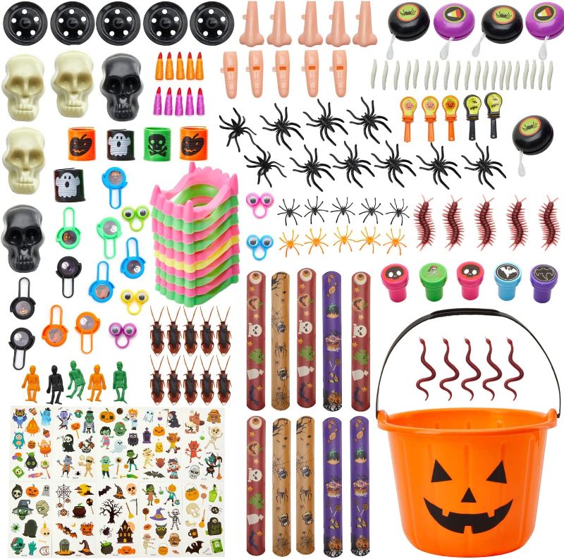 Photo 1 of 161 Pcs Halloween Trick or Treat Toys with Pumpkin Bucket, Halloween Party Favors, Halloween Party Supplies, Halloween Toys Assortment for Kids, Halloween Prizes to the Trick-or-Treaters (Halloween Style 1) 