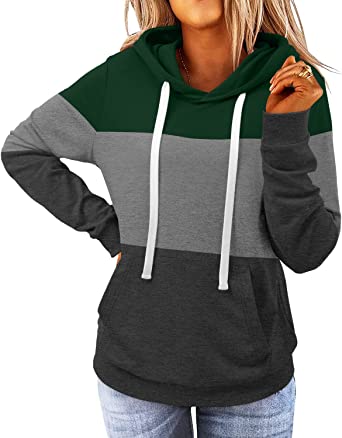 Photo 1 of BETTE BOUTIK Women's Long Sleeve Color Block and Plain Crewneck Hoodie Drawstring Pull Over Pocket Hooded Sweatshirt Top 