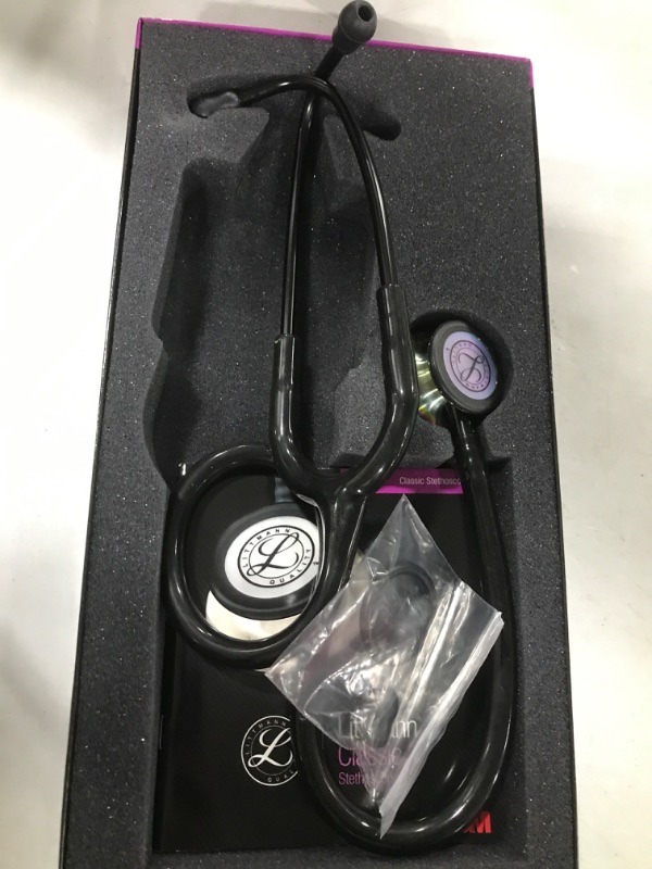 Photo 2 of 3M Littmann Classic III Monitoring Stethoscope, Black Edition Chestpiece, Black Tube, 27 inch, 5803 + 40007 Stethoscope Identification Tag, Black
