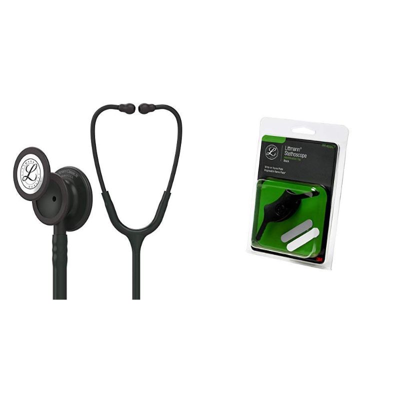 Photo 1 of 3M Littmann Classic III Monitoring Stethoscope, Black Edition Chestpiece, Black Tube, 27 inch, 5803 + 40007 Stethoscope Identification Tag, Black
