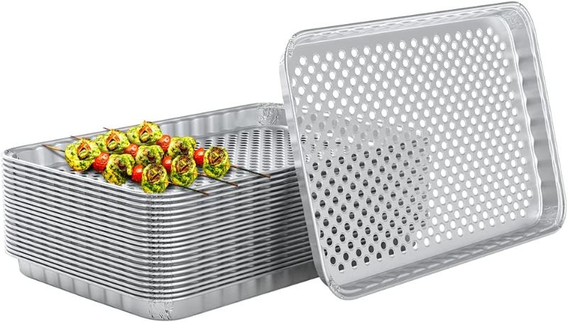 Photo 1 of 16.5 x 11.5 Inch Disposable Aluminum Foil Pans Use on BBQ or Indoor Hot Plate, Aluminum Sheet Pans for Cooking, Baking, Heating -Protect Cooking Grate Heavy Duty Grill Topper 10 Pack
