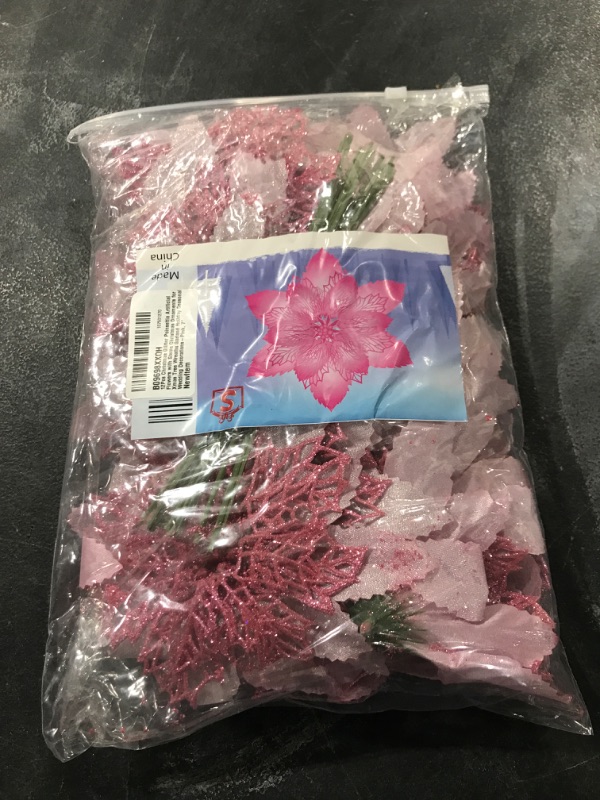 Photo 2 of 12Pcs Christmas Glitter Poinsettia Artificial Flowers with Stems Christmas Ornaments for Xmas Tree Wreaths Garland Holiday Seasonal Wedding Decorations-Pink, 7"