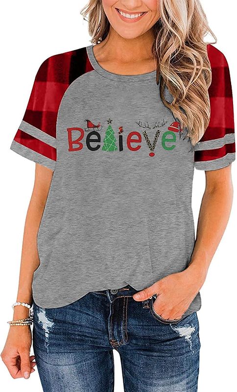 Photo 1 of Believe Christmas Shirt Women Cute Christmas Graphic Tees Casual Buffalo Plaid Short Sleeve Shirts Tops
MEDIUM 