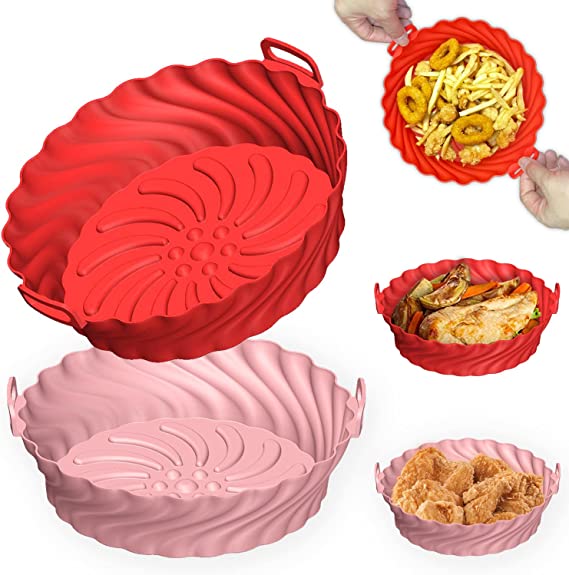 Photo 1 of 2 Pack Air Fryer Silicone Liners Pot for 3 to 5 QT, Air Fryer Silicone Basket Bowl, Replacement of Flammable Parchment Paper, Reusable Baking Tray Oven Accessories, Pink+Red, (Top 8in, Bottom 6.75in)