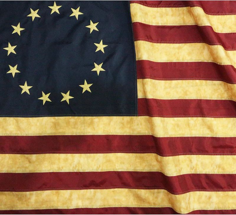 Photo 1 of ANLEY Vintage Style Tea Stained Betsy Ross Flag 3x5 Foot Nylon - Embroidered Stars and Sewn Stripes - 4 Rows of Lock Stitching - Antiqued Early USA Banner Flags with Brass Grommets 3 X 5 Ft
