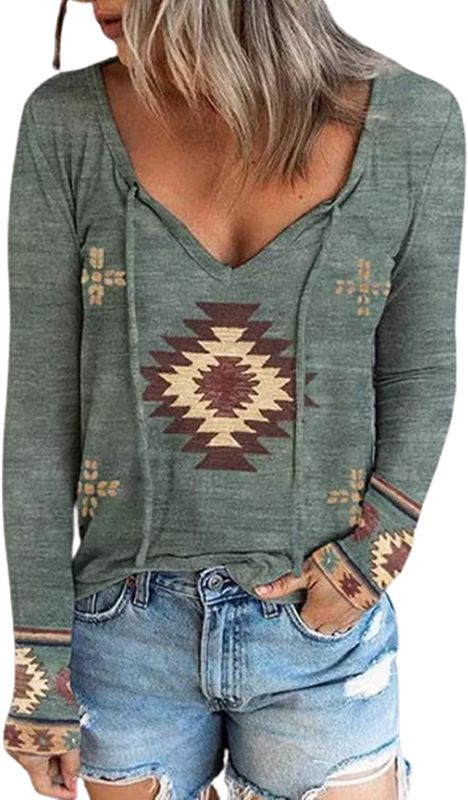 Photo 1 of Aztec Geometric Drawstring Long Sleeve Blouse Casual Sexy v-Neck Funny Print Drawstring Tops Style Long Sleeve - size small 
