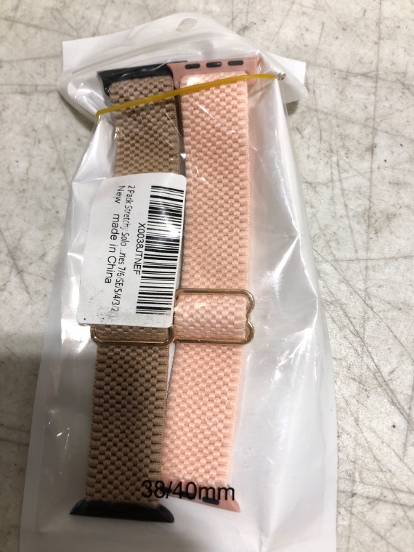 Photo 2 of 2 Pack Stretchy Solo Loop Strap Compatible with Apple Watch Bands 38mm 40mm 41mm 42mm 44mm 45mm, Stretch Braided Sport Elastic Nylon Women Men Wristband Compatible for iWatch Series 7/6/SE/5/4/3/2/1 A2-Brown/Pink 38mm/40mm/41mm