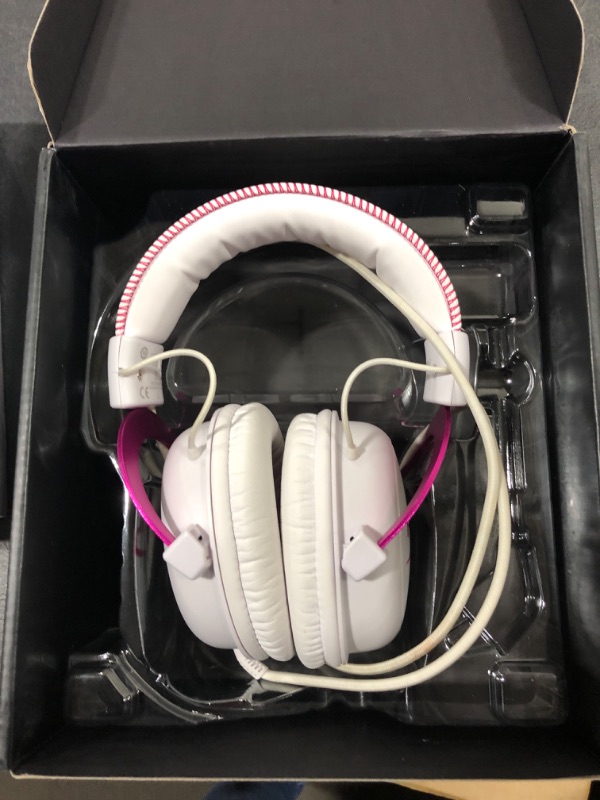 Photo 2 of HyperX Cloud II - Gaming Headset, 7.1 Virtual Surround Sound, Memory Foam Ear Pads, Durable Aluminum Frame, Detachable Microphone, Works with PC, PS5, PS4 – White/Pink Pink Wired Cloud II Headset
