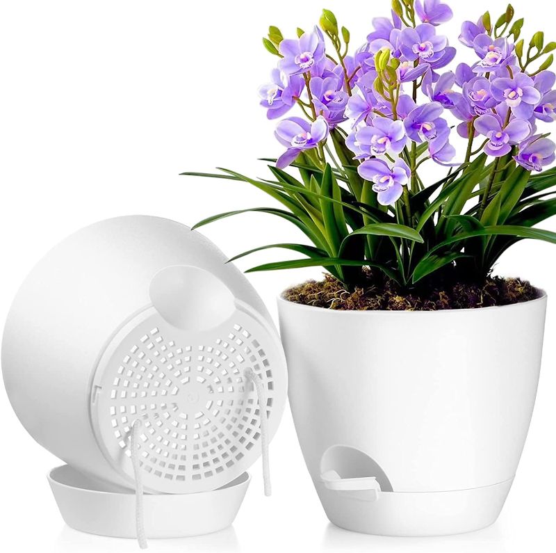 Photo 1 of 8 inch Plant Pots Indoor, 2-Pack Large Self Watering Planters, Plastic Flower Pots with Drainage Holds and Saucers for African Violets, Orchids, Garden & House Plants 