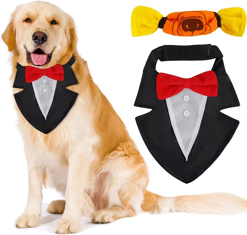 Photo 1 of Dog Tuxedo, Formal Tuxedo&Pumpkin Chew Toy Costume Set, Large Dogs Golden Stylish Tuxedo with Adjustable Bow Tie Collar & Bandana Scarf for Christmas Wedding Birthday Party Halloween(Yellow Chew Toys) 2 pak 