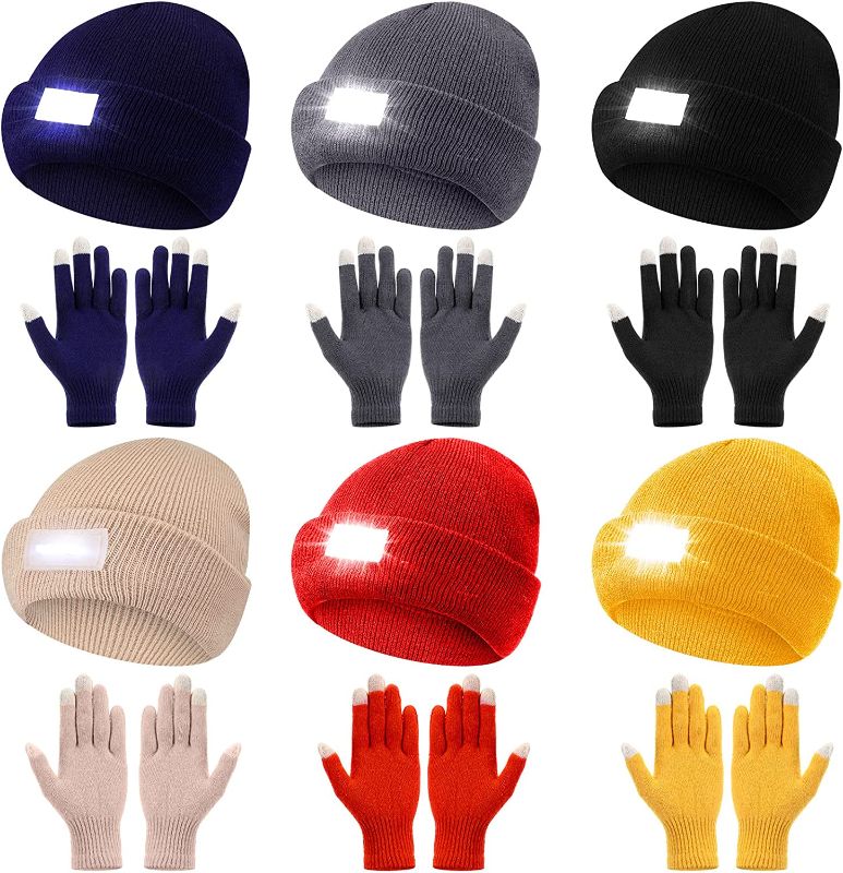 Photo 1 of 
Tarpop 6 Sets LED Lighted Beanie Hat and Winter Gloves Set Beanie Hat with Light Touch Screen Knit Gloves 5 LED Hat Headlamp