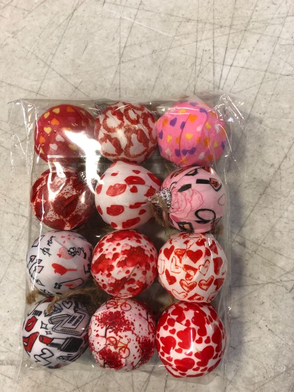 Photo 2 of 12 Pieces Valentines Hanging Ball Ornaments Red Love Heart Valentine's Day Fabric Wrapped Balls Decorations Hanging Ball Decorative Supplies for Valentine's Day, Christmas, Party, Wedding Decoration