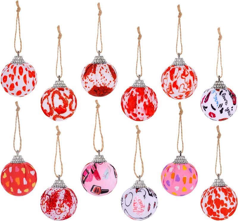 Photo 1 of 12 Pieces Valentines Hanging Ball Ornaments Red Love Heart Valentine's Day Fabric Wrapped Balls Decorations Hanging Ball Decorative Supplies for Valentine's Day, Christmas, Party, Wedding Decoration