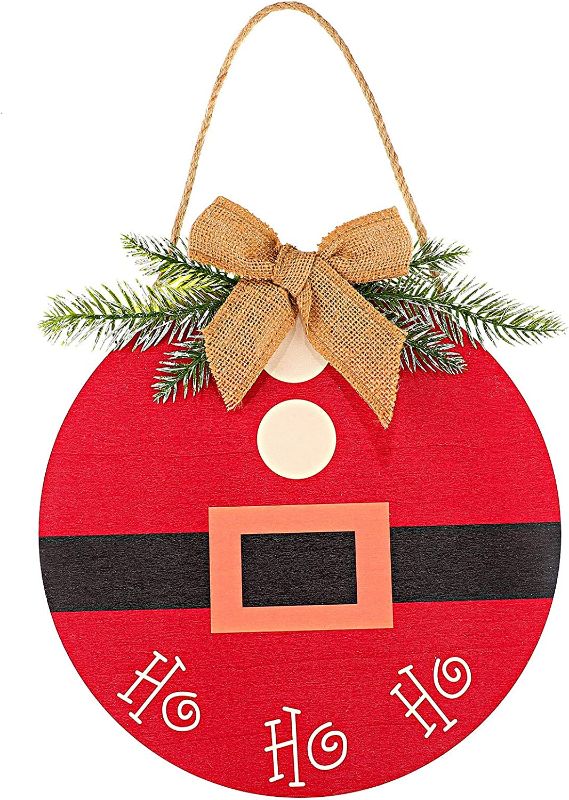 Photo 1 of 1 Piece Front Door Round Wood Christmas Hanging Sign Christmas Front Door Decorations Rustic Burlap Wooden Holiday Decor with Decorative Bow and Branch for Christmas Holiday Front Door Wall Porch 