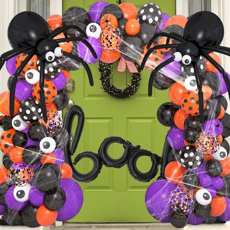 Photo 1 of 140pcs Halloween Balloon Arch Garland Kit, 2Pcs Big Spider Balloons Spider Web BOO Foil Orange Black Purple Balloons 3D Bats for Halloween Birthday Baby Shower Party Decorations Supplies for Kids 