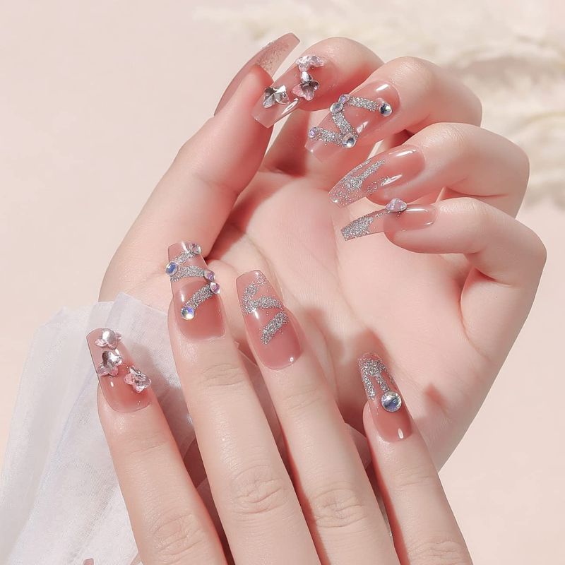 Photo 1 of 24 Pcs Pink Press on Nails Medium Coffin Fake Nails with Design, Butterfly Diamond French Tip Press on Nails with Glue Sticker, Glossy Full Cover Acrylic Nail Tips Glitter Butterfly Fasle Nails for Women and Girls (C01 Style) 