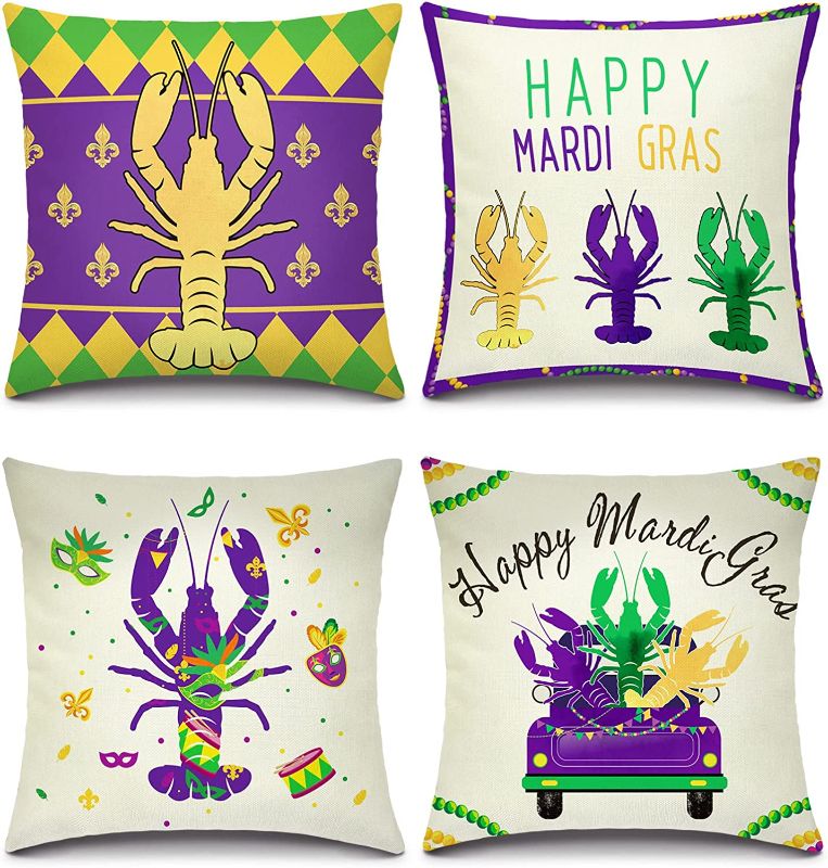Photo 1 of 4 Pieces Mardi Gras Pillow Covers 18 x 18 Inch Crawfish Throw Pillow Covers Boil Crawfish Cushion Pillow Covers Masquerade Mask Bead Feather Truck Cushion Case for Holiday Party Sofa Couch Home Decor 