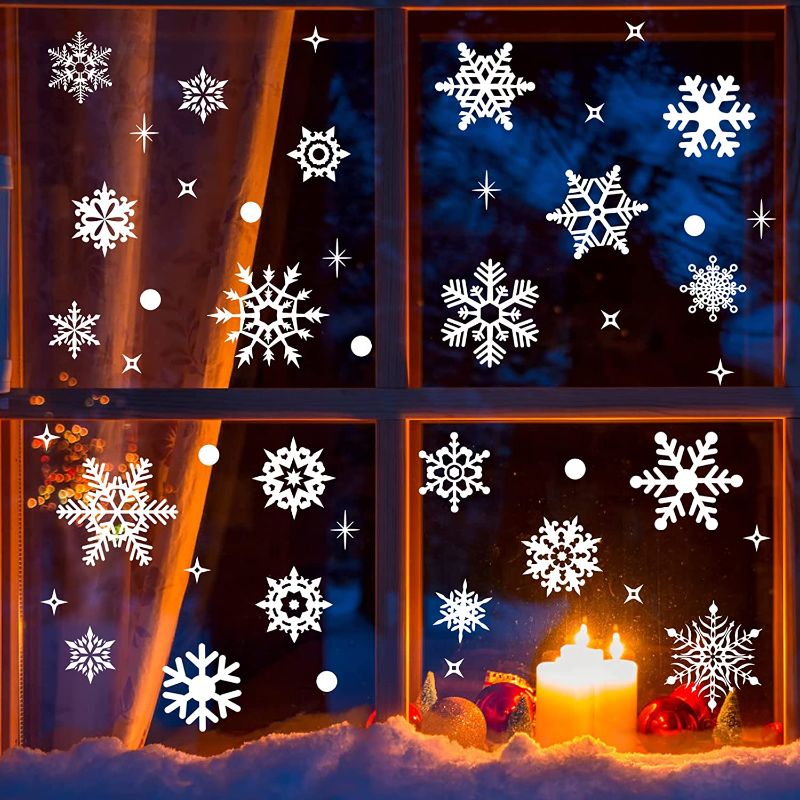 Photo 1 of 154 PCS Christmas Snowflake Window Clings, White Snowflakes Decals Stickers Ornaments for Winter Wonderland Xmas Party Decorations, 9 Sheets 