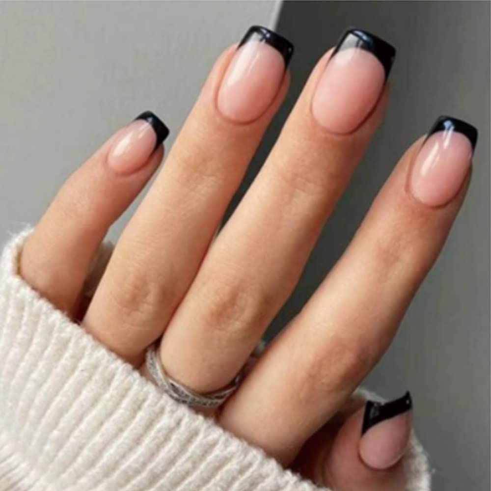 Photo 1 of French Black Border Press on Nails Short Square Fake Nails Arc Acrylic Nails Glue on Nails Full Cover Fashion Exquisite Black Border Design Nails For Women and Girls 24Pcs