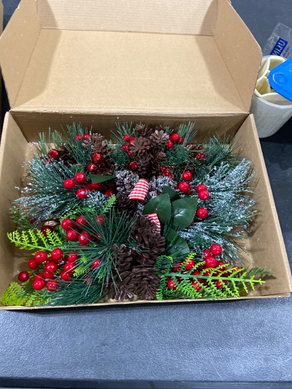 Photo 2 of 15 Pieces Artificial Pine Picks Christmas Artificial Pine Picks Ornaments Fake Red Small Berries Pinecone Pine Branches Pine Needles Decorations for Christmas Flower Arrangements Decorations