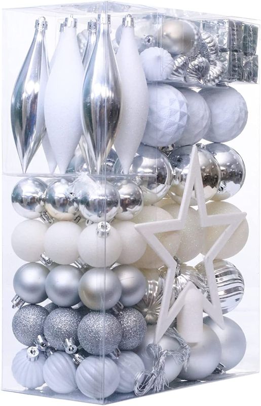 Photo 1 of 100PCS Assorted Christmas Balls Tree Ornament Set,Shatterproof Assorted Hanging Decorations in a Gift Package,Glitter Acorn,Ball,Gift Box Pendants,Tree Top for Xmas Tree Holiday Party(Silver/White)