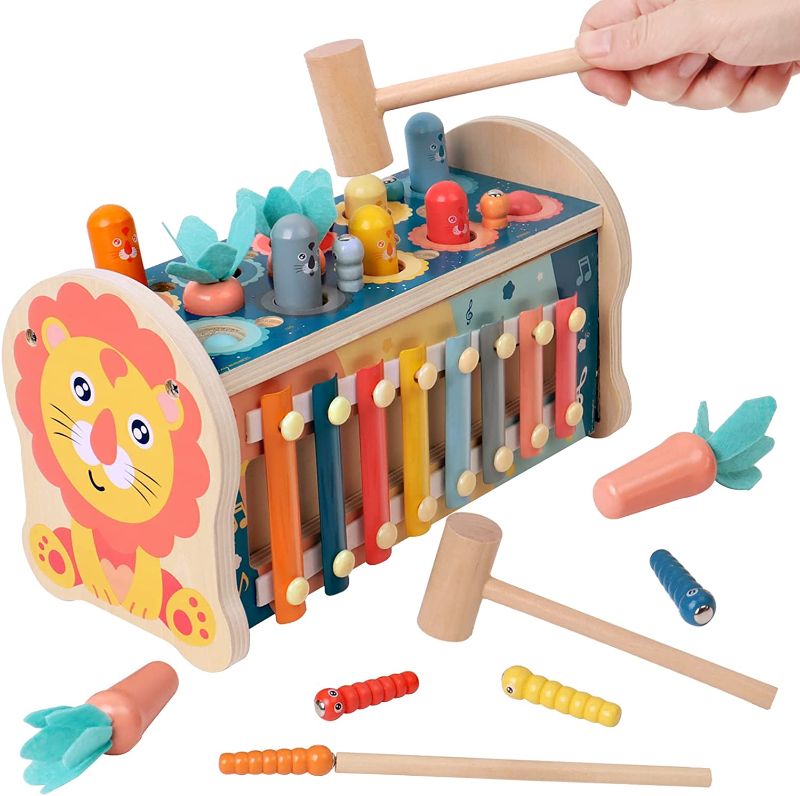 Photo 1 of BESTAMTOY Wooden Educational Hammering Gopher Toy Worms Catching Radish Xylophone Pounding Bench Early Learning Lion Patterns Cute Colorful Skills Developing Games Hamster Play Set 