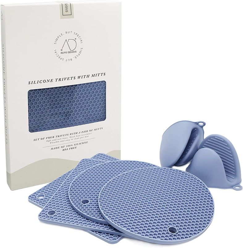 Photo 1 of AD Silicone Trivet Mat Kitchen Tool Set: Easy to Wash & Dry Multi- Purposed Drying Hot Pads, Heat Resistance Pot Holders That are Non Slip, Flexible, Dishwasher Safe (2 Mitts + 2 Circles + 2 Squares) 
