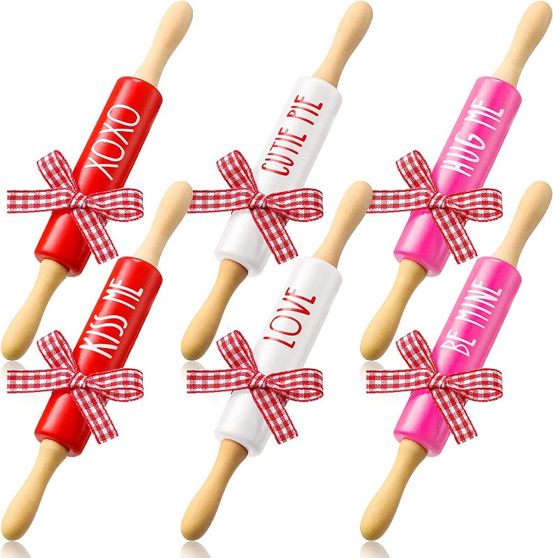 Photo 1 of 6 Pcs Valentine's Day Tiered Tray Decor Mini Rolling Pin Valentines Wood Rolling Pin Kids Rolling Pin Farmhouse Handmade Decor for Valentine's Day Home Kitchen DIY Craft Decorations (Love Style) 