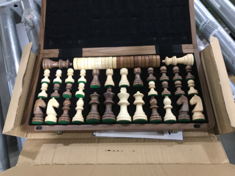 Photo 2 of A&A 15 inch Wooden Folding Chess & Checkers Set w/ 3 inch King Height Staunton Chess Pieces - Walnut Box w/ Walnut & Maple Inlay Non-magnetic / with Checkers Walnut Box W/ Walnut & Maple Inlay