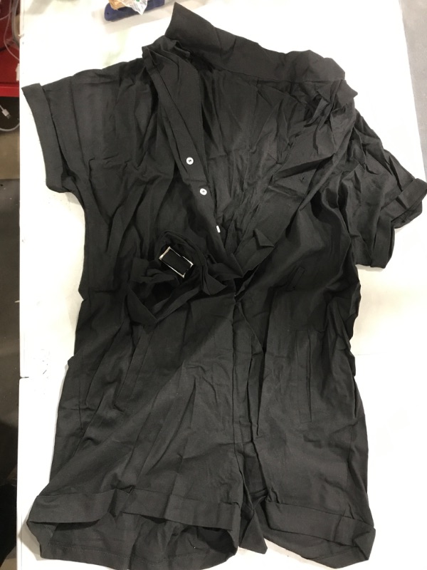 Photo 1 of Aoysky Women's Summer V Neck Short Jumpsuits Casual Bat Sleeve Button Down Belted Rompers with Pockets Small Black