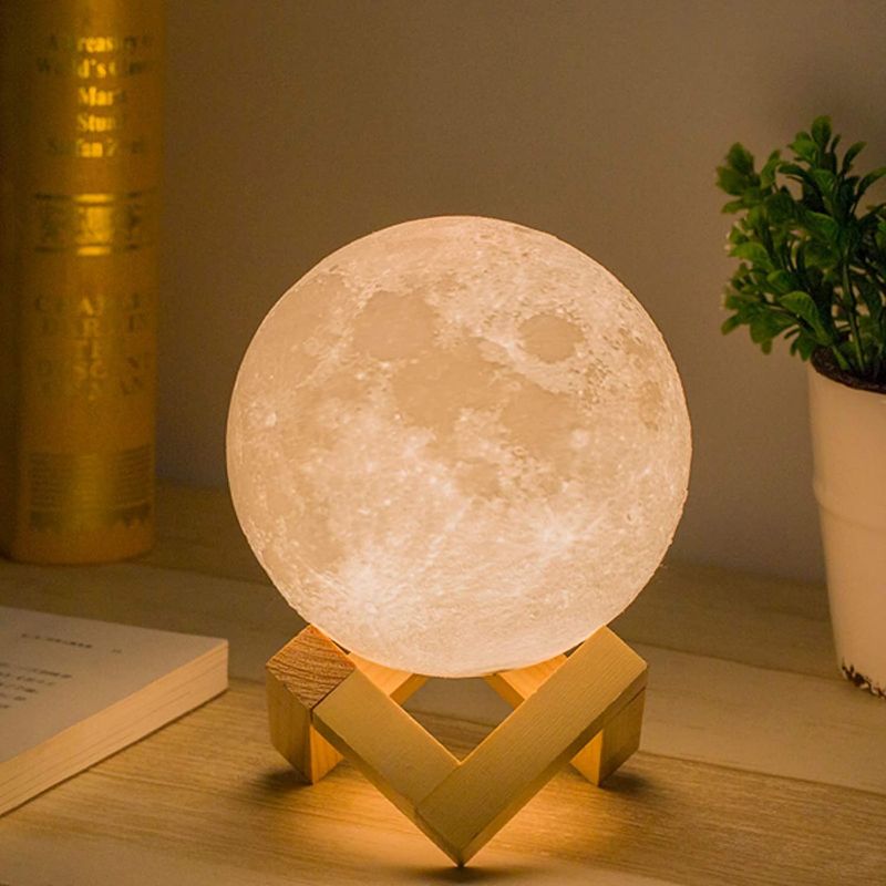 Photo 1 of Mydethun 3D Moon Lamp with 4.7 Inch Wooden Base - LED Night Light, Mood Lighting with Touch Control Brightness for Home Décor, Bedroom, Gifts Kids Women Christmas New Year Birthday - White & Yellow
