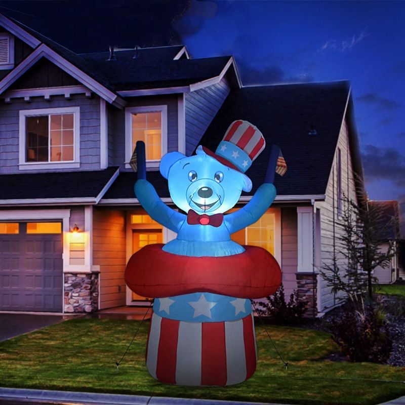 Photo 3 of 6.5 ft Tall Independence Day Inflatable Bear with Star Spangled Top Hat and American Flag Blowup Inflatables with Build-in LED Lights for Party Indoor,Outdoor,Yard,Garden,Lawn Decorations
