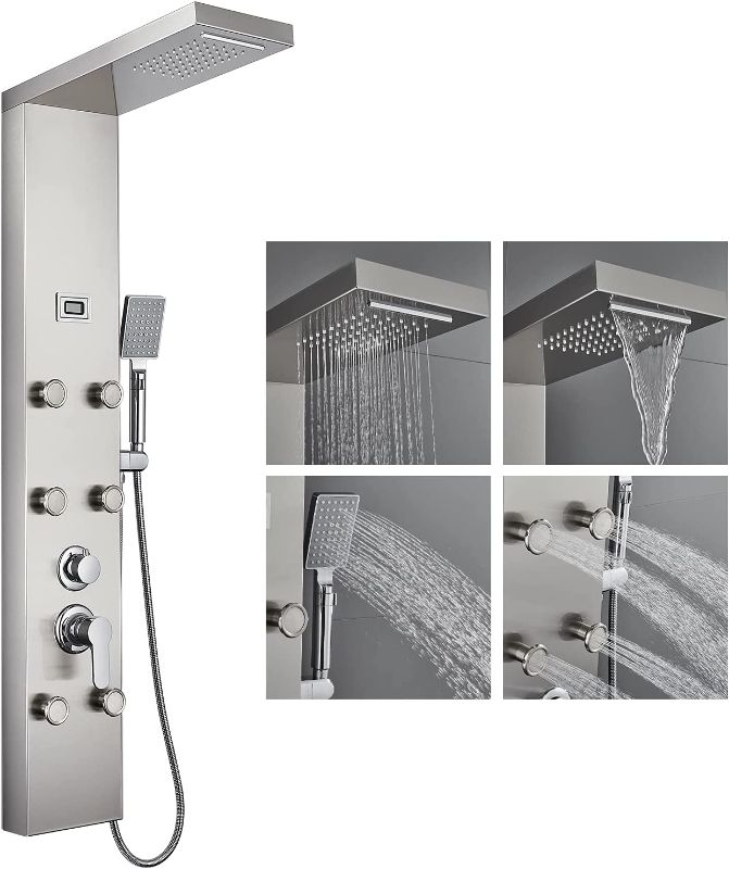 Photo 1 of  ROVATE Luxury Rainfall Waterfall Shower Tower Panel System, 304 Stainless Steel Bathroom Shower Tower with 6 Brass Body Massage Spray and 3 Function Handheld Shower, Brushed Finish, Wall Mounted 