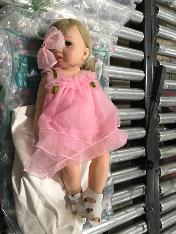 Photo 2 of  RXDOLL Reborn Baby Dolls Full Body Silicone Vinyl Girl 22 inch 55 cm Realistic Lifelike Toddlers Newborn Baby Doll Waterproof with Blond Long Hair Pink Dress for Girls Birthday Xmas Gifts 