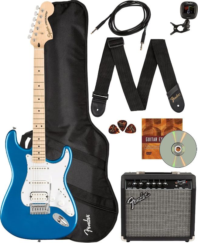 Photo 1 of  Fender Squier Affinity Stratocaster HSS - Lake Placid Blue Bundle with Frontman 10G Amplifier, Instrument Cable, Gig Bag, Tuner, Strap, Picks, and Austin Bazaar Instructional DVD 